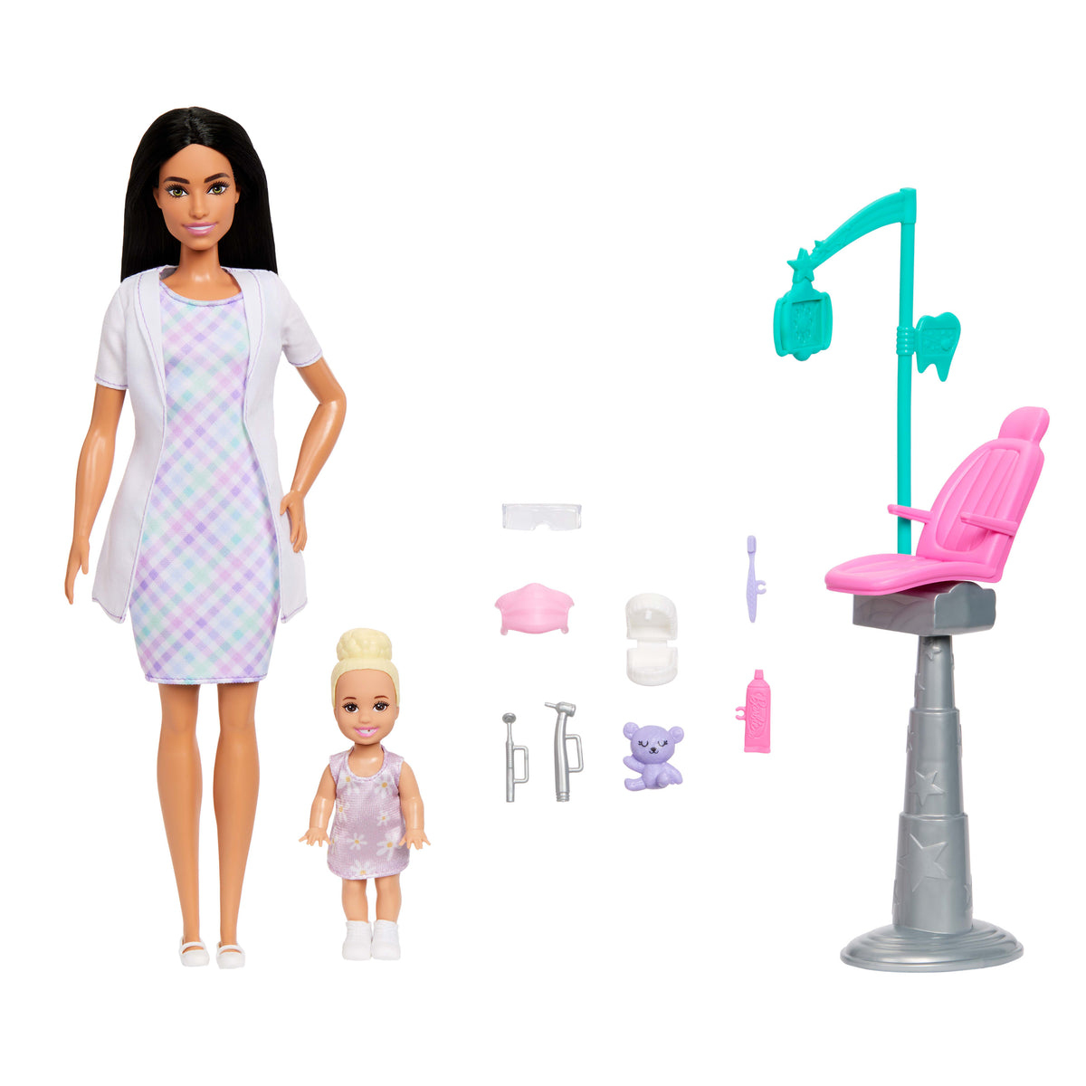 Barbie kariyer bebekleri ve aksesuarları, şekillendirilmiş saçlı bebek ve hikaye anlatmaya yardımcı parçalar