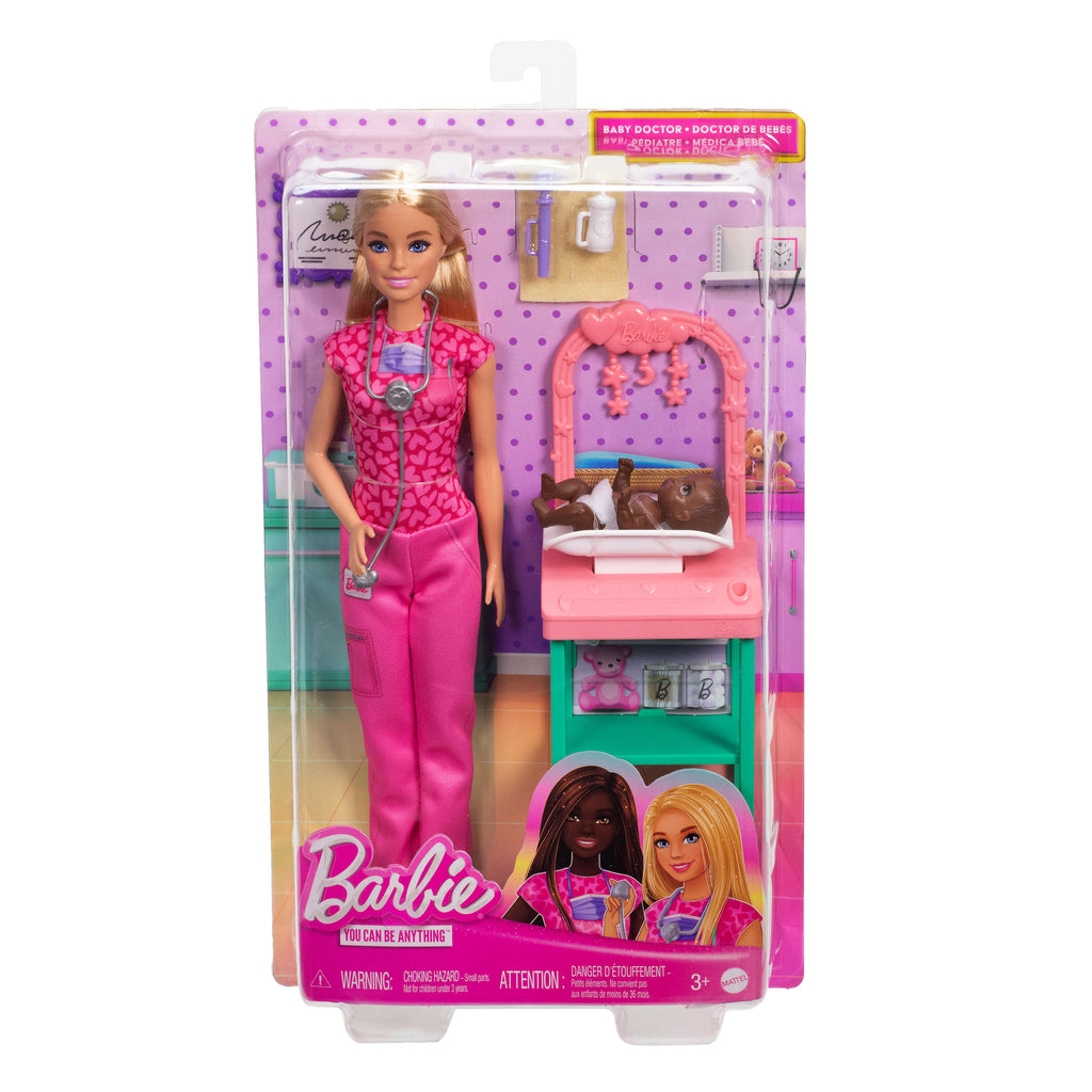Çocuk Doktoru Barbie, sarışın bebek, 1 bebek figürü, mobilya ve aksesuarlar