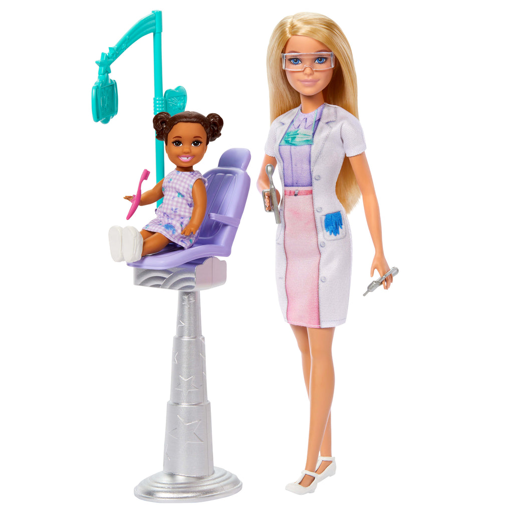 Diş Hekimi Barbie, sarışın bebek, 1 çocuk figürü, doktor temalı mobilya ve aksesuarlar
