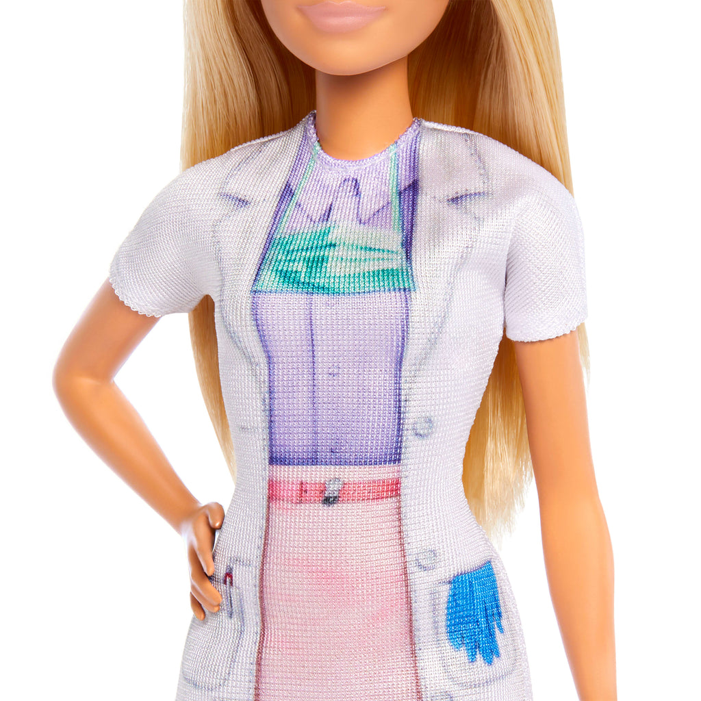 Diş Hekimi Barbie, sarışın bebek, 1 çocuk figürü, doktor temalı mobilya ve aksesuarlar