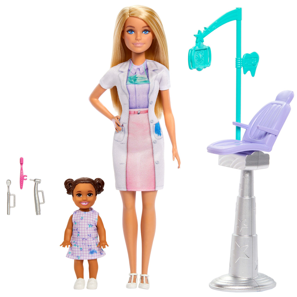 Diş Hekimi Barbie, sarışın bebek, 1 çocuk figürü, doktor temalı mobilya ve aksesuarlar