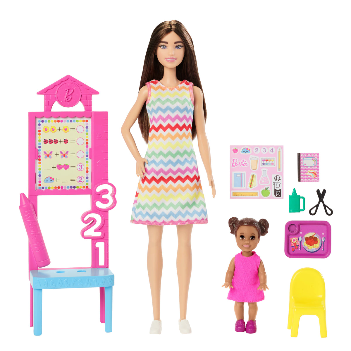 Öğretmen Barbie, kahverengi saçlı bebek, 1 çocuk figürü ve öğretim aksesuarları