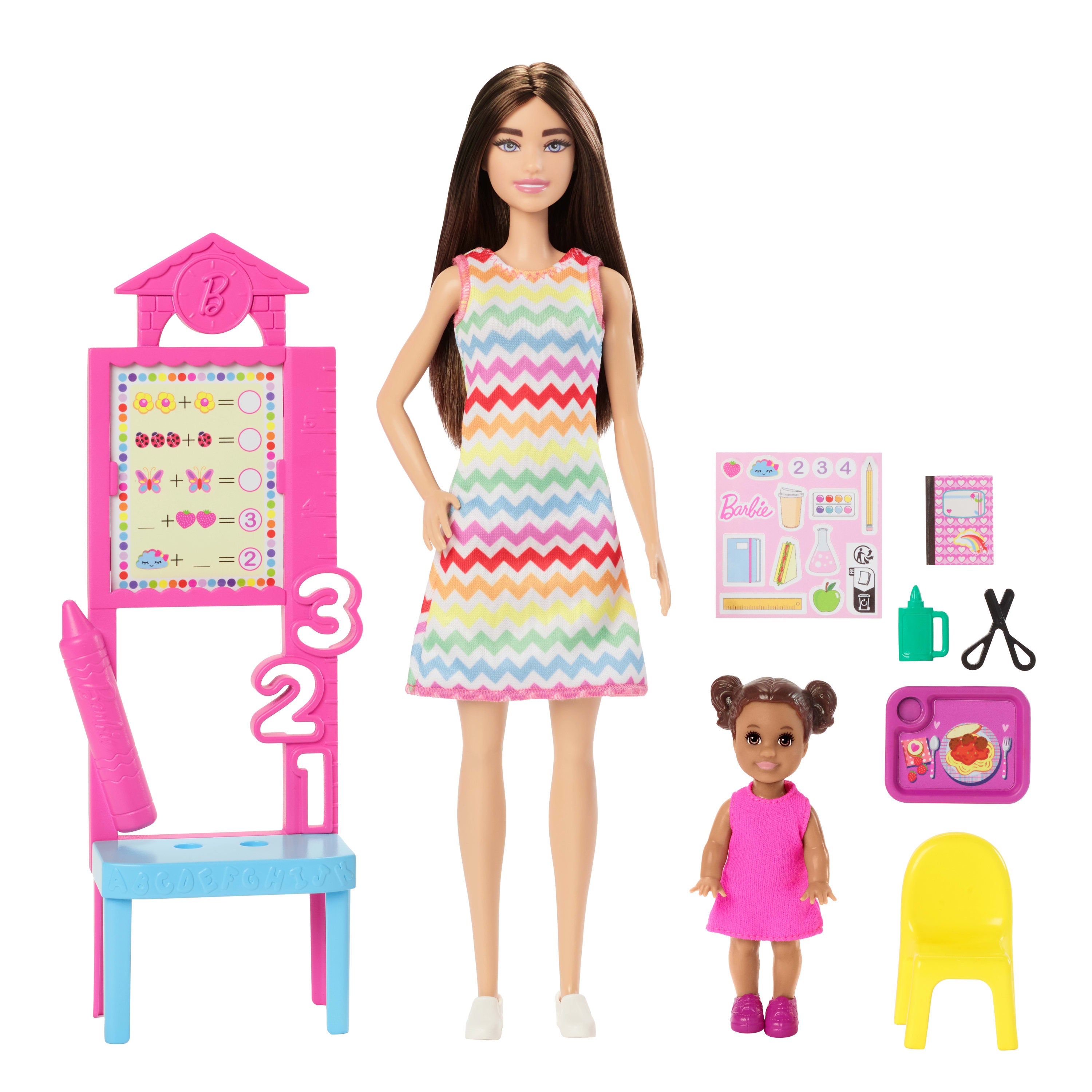 Öğretmen Barbie, kahverengi saçlı bebek, 1 çocuk figürü ve öğretim aksesuarları