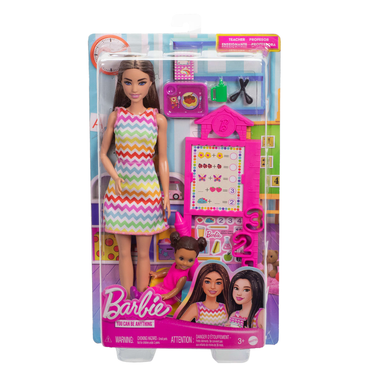 Öğretmen Barbie, kahverengi saçlı bebek, 1 çocuk figürü ve öğretim aksesuarları