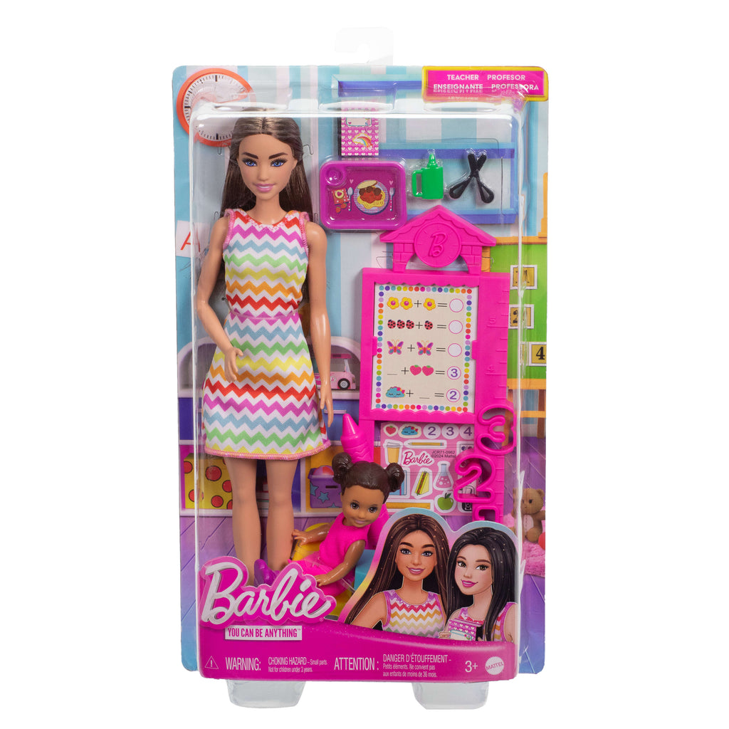 Öğretmen Barbie, kahverengi saçlı bebek, 1 çocuk figürü ve öğretim aksesuarları