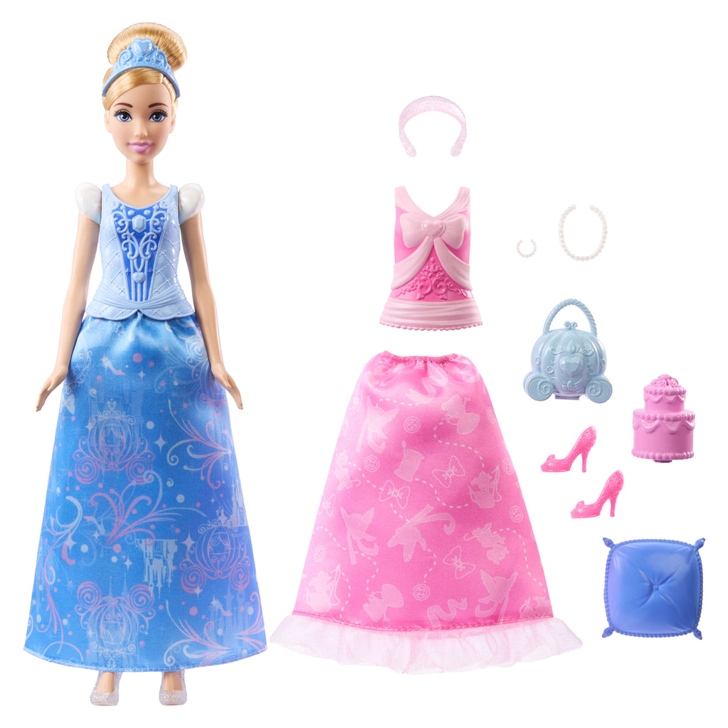 Disney Prensesi 2'si 1 Arada Hikayeler Cinderella bebek, takılıp çıkarılabilen 2 büstiyer, 2 etek ve 9 aksesuar