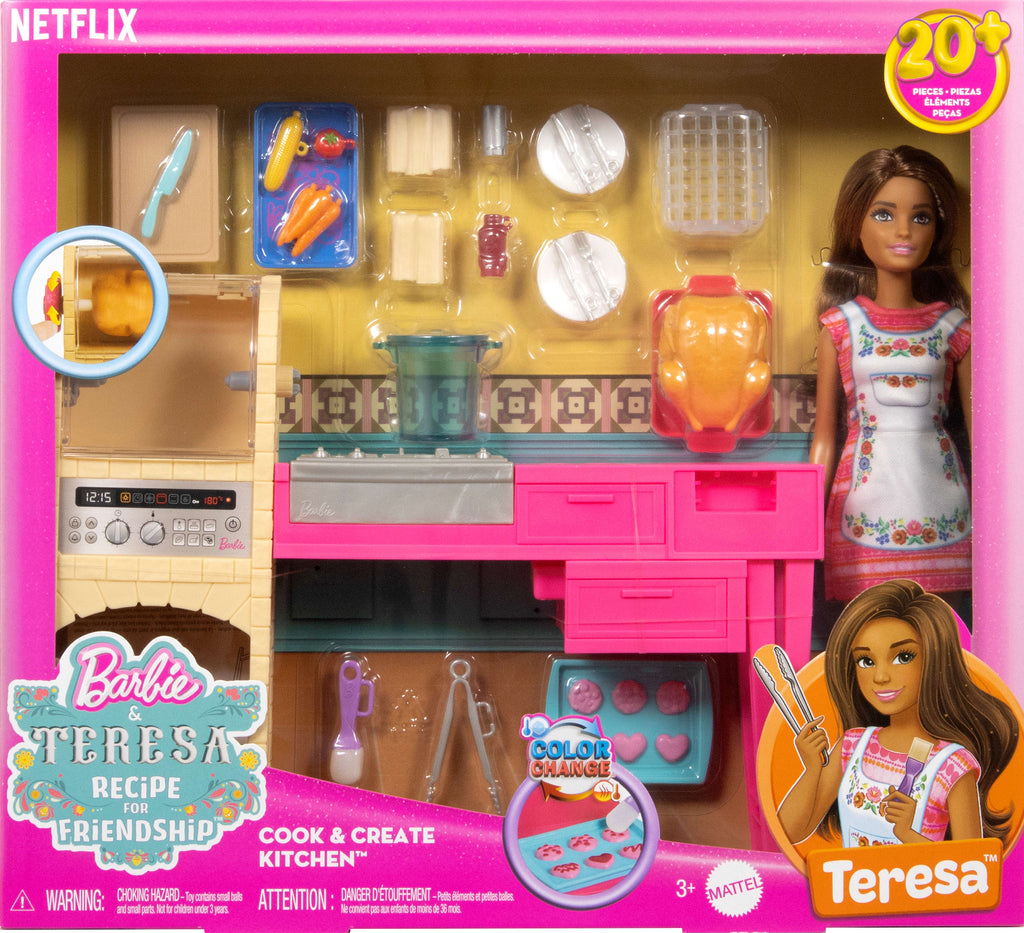Barbie ve Teresa'nın Dostluk Tarifi Teresa bebek ve mutfak oyun seti, 20'den fazla aksesuar