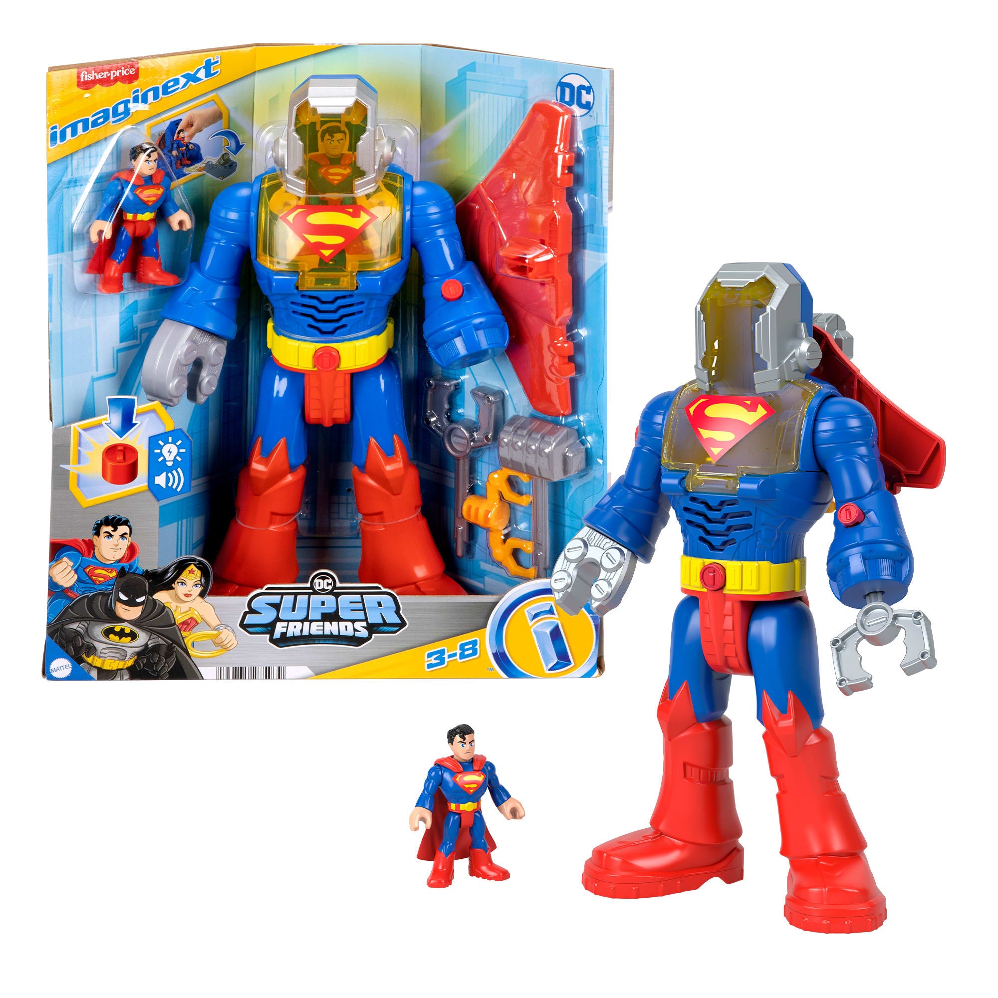 Imaginext DC Super Friends Superman Insider ve Exo Kostümü, ışıklı ve sesli robot, 6 parça