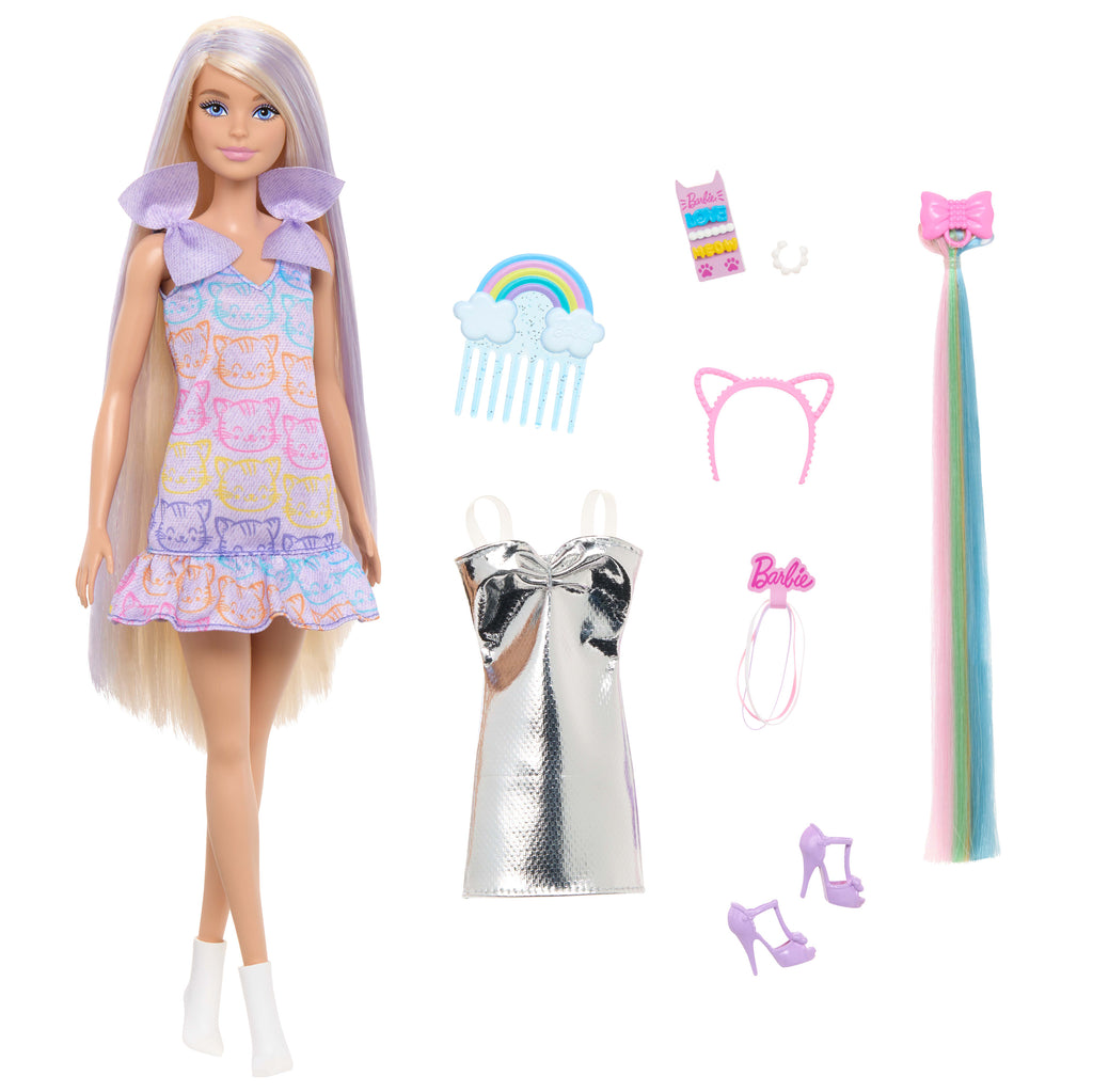 Barbie Upuzun Muhteşem Saçlı Bebekler serisi bebek ve aksesuarları, 2 farklı kombiniyle upuzun saçlı sarışın bebek