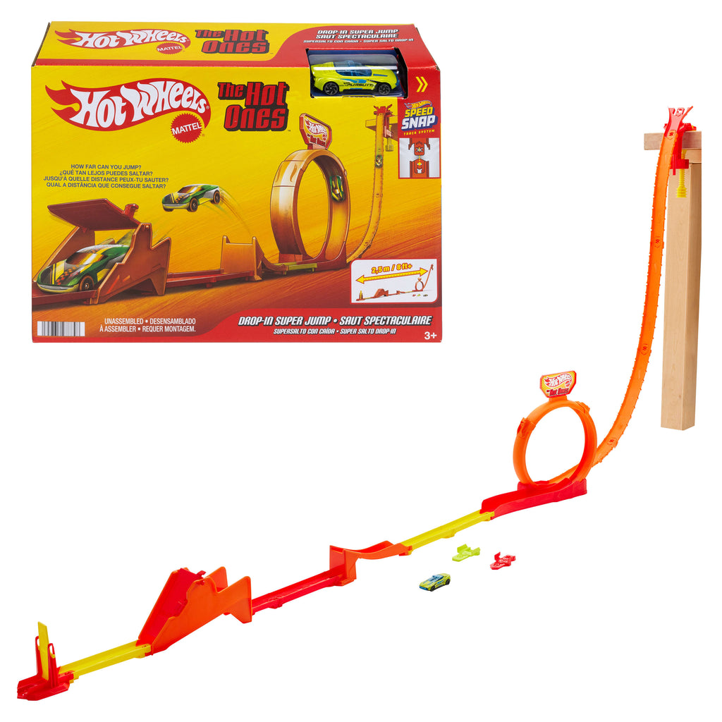 Hot Wheels aksiyon dolu Hot Ones Süper Zıplayış pist seti, 1:64 ölçekli metal oyuncak araba, kolayca saklanabilir