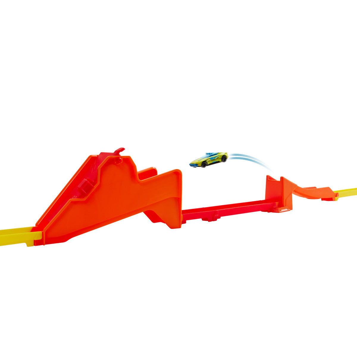 Hot Wheels aksiyon dolu Hot Ones Süper Zıplayış pist seti, 1:64 ölçekli metal oyuncak araba, kolayca saklanabilir