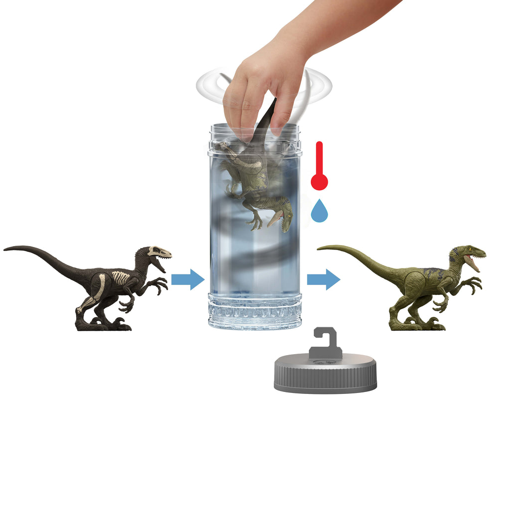 Ilık suda süslemeleri ortaya çıkan ve renk değiştiren Jurassic World Dino Reveal - Sürpriz Dinozor Figürleri