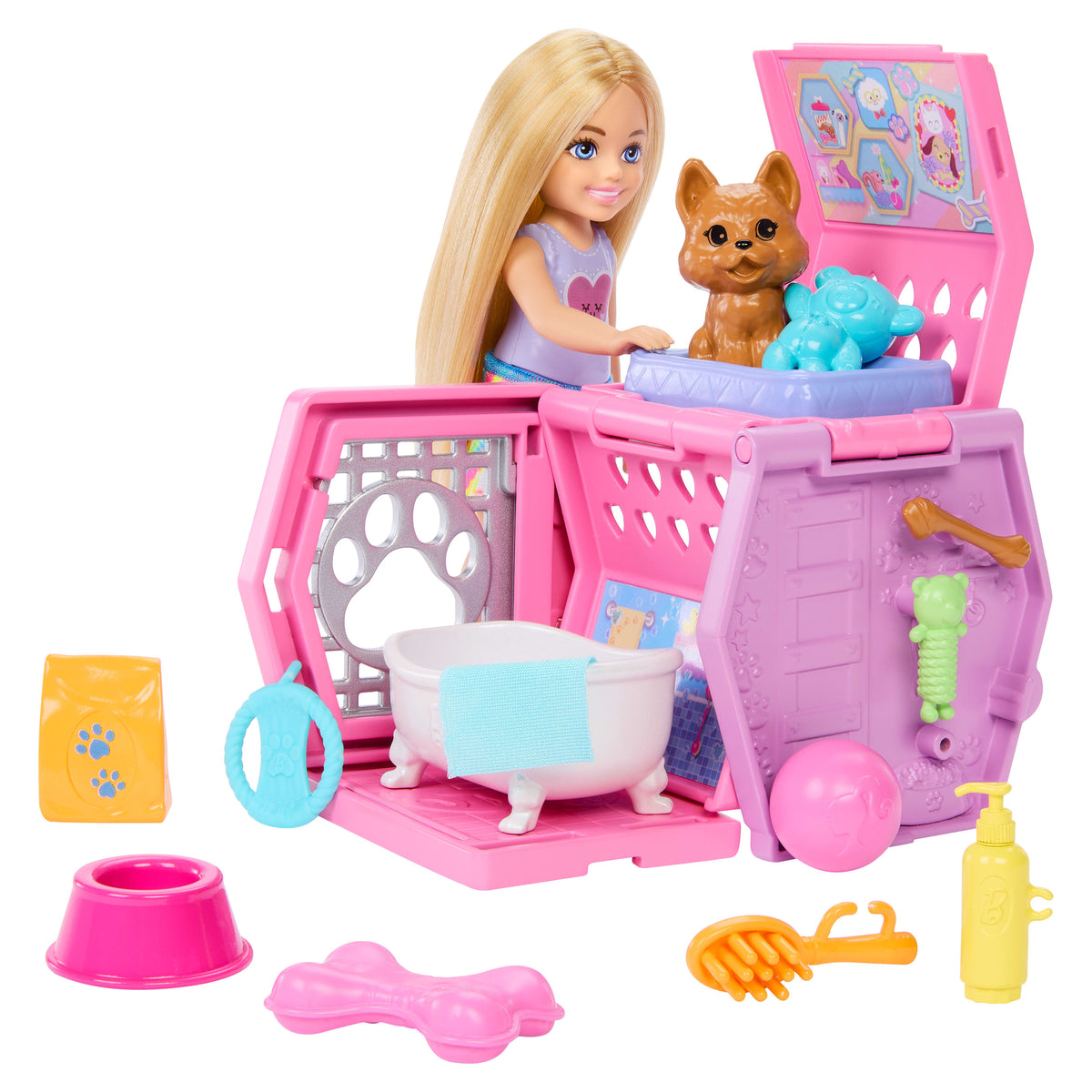 BARBIE Chelsea® Köpekçiğin Taşıma Çantası oyun seti, küçük bebek, taşıma çantası ve köpek aksesuarları