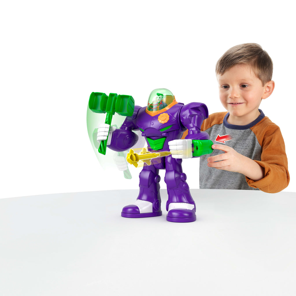 Fırlatıcı ve aksiyon figürü gibi aksesuarlarla Fisher-Price Imaginext DC Super Friends Joker'in Çekiçli Mekanik Robotu