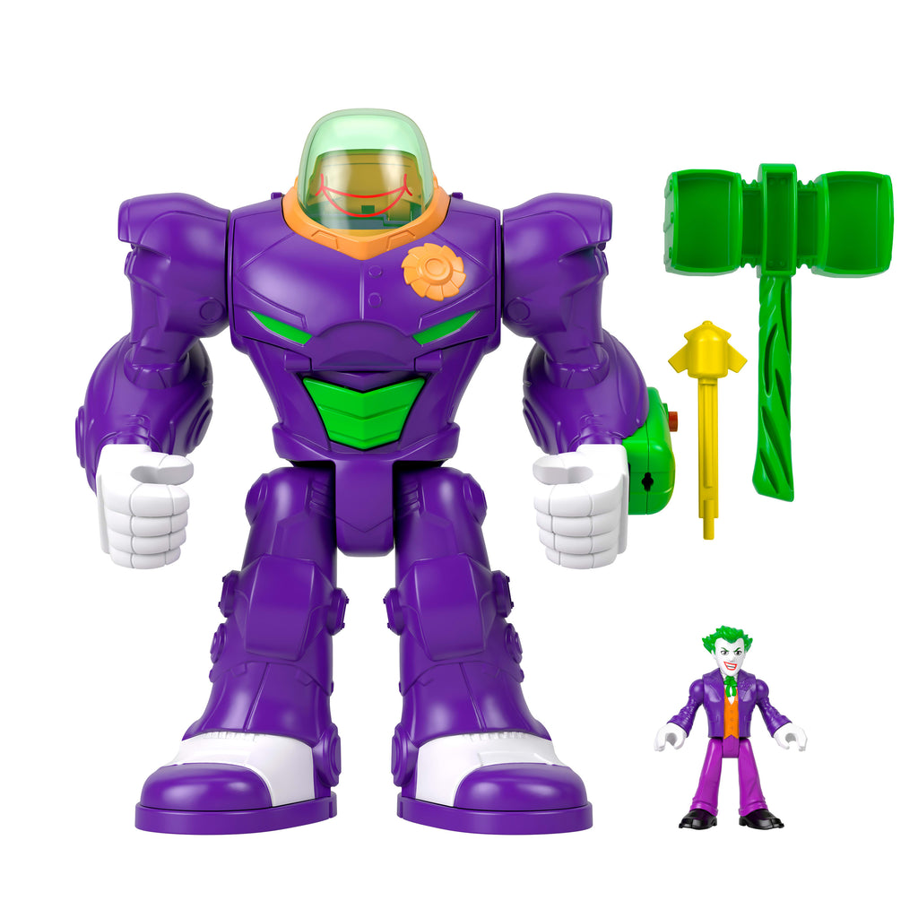Fırlatıcı ve aksiyon figürü gibi aksesuarlarla Fisher-Price Imaginext DC Super Friends Joker'in Çekiçli Mekanik Robotu
