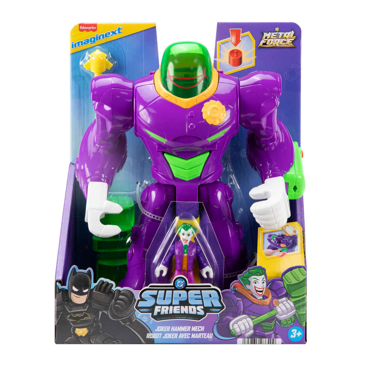 Fırlatıcı ve aksiyon figürü gibi aksesuarlarla Fisher-Price Imaginext DC Super Friends Joker'in Çekiçli Mekanik Robotu