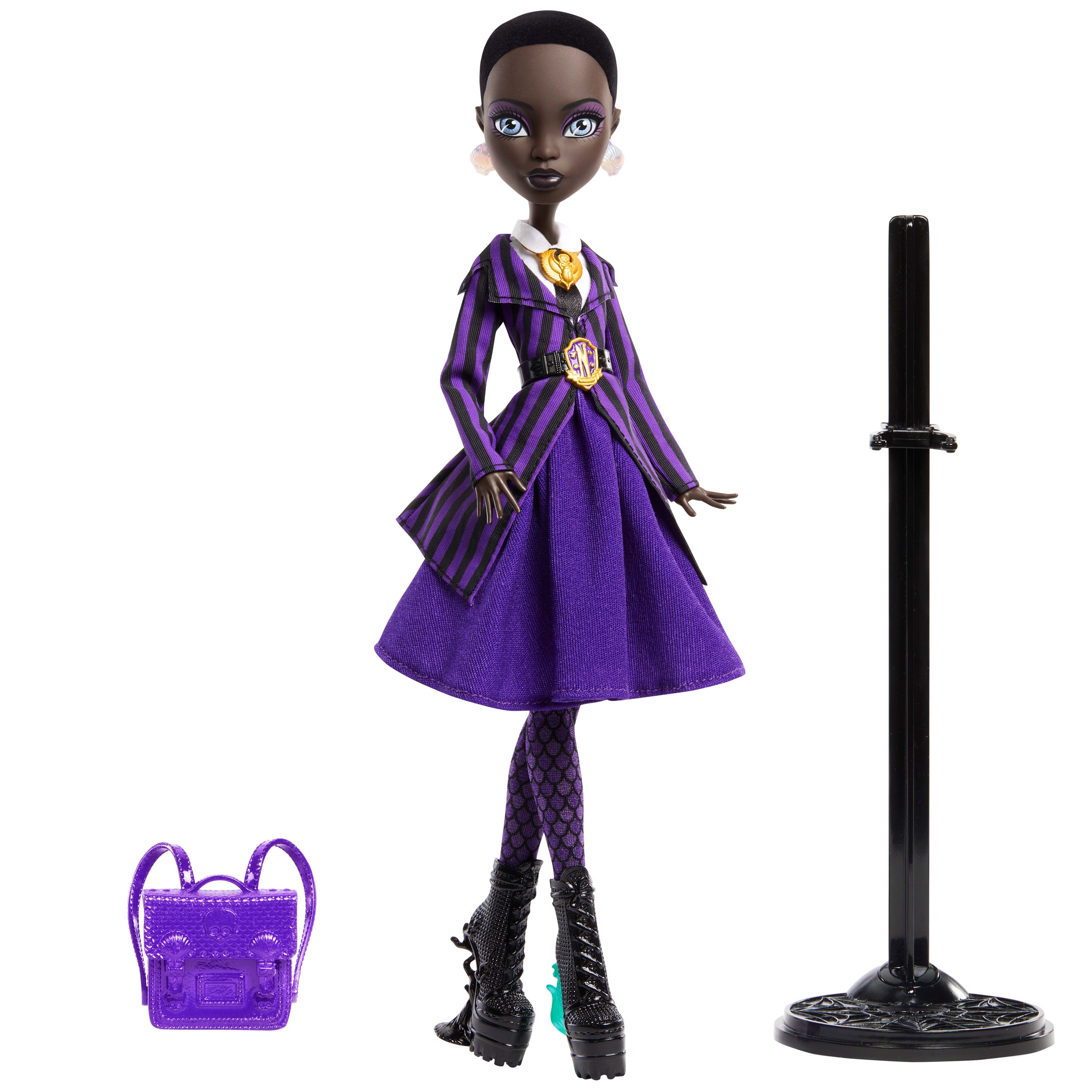 Monster High x Wednesday, Nevermore Akademisi üniforması giyen koleksiyona uygun Bianca Barclay bebek