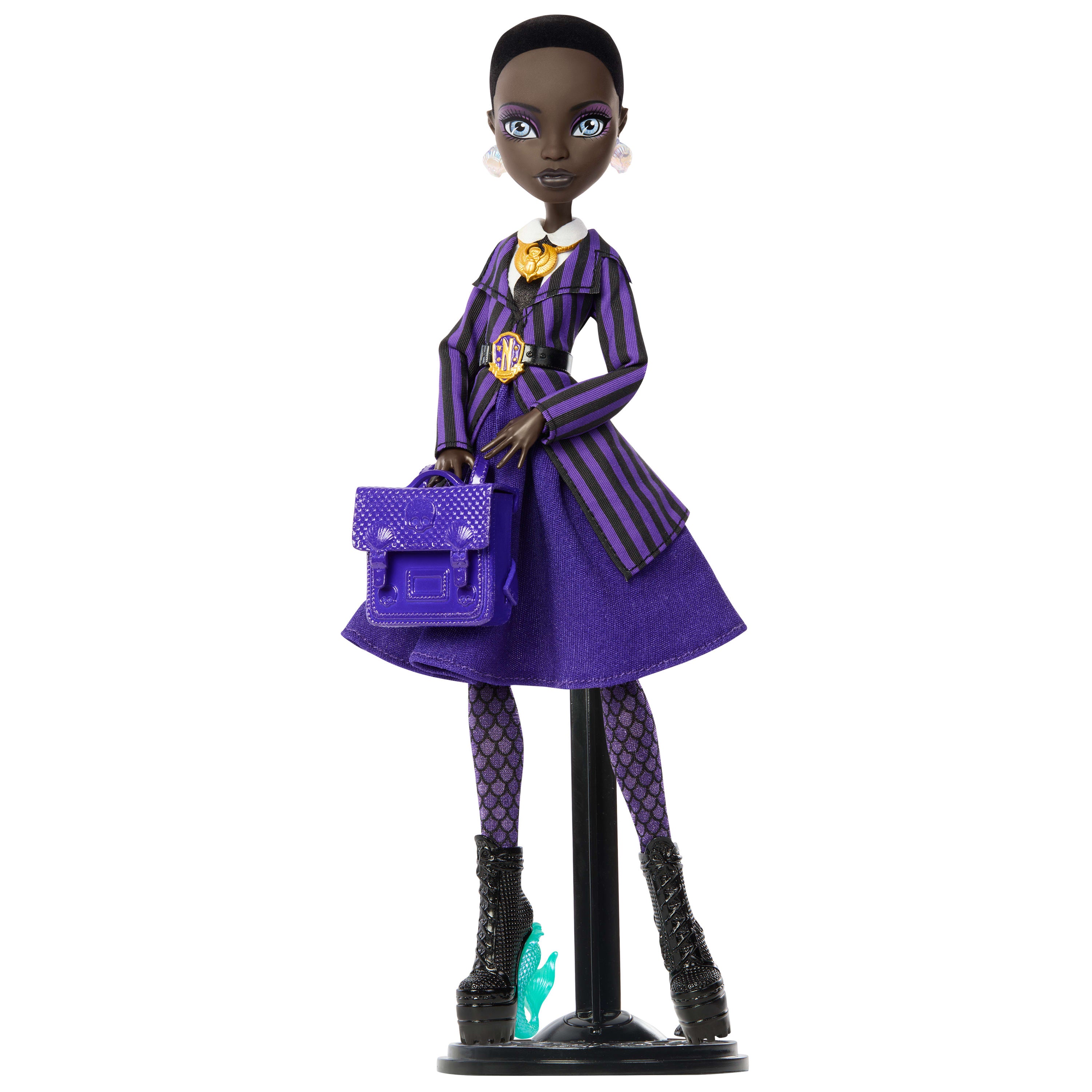Monster High x Wednesday, Nevermore Akademisi üniforması giyen koleksiyona uygun Bianca Barclay bebek