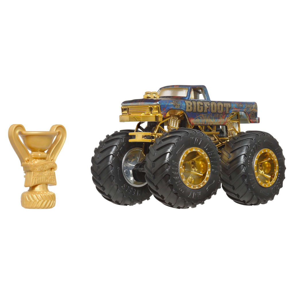 Hot Wheels® Monster Trucks Bigfoot Trophy Şampiyonları Tekli Arabalar 1:64 ölçekli üst düzey metal araç ve kupa (Stiller çeşitlilik gösterebilir)