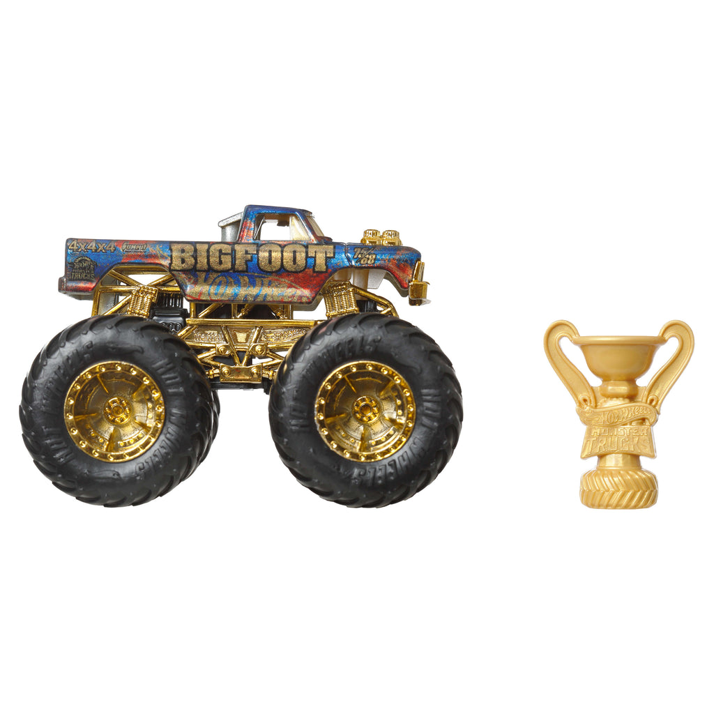 Hot Wheels® Monster Trucks Bigfoot Trophy Şampiyonları Tekli Arabalar 1:64 ölçekli üst düzey metal araç ve kupa (Stiller çeşitlilik gösterebilir)