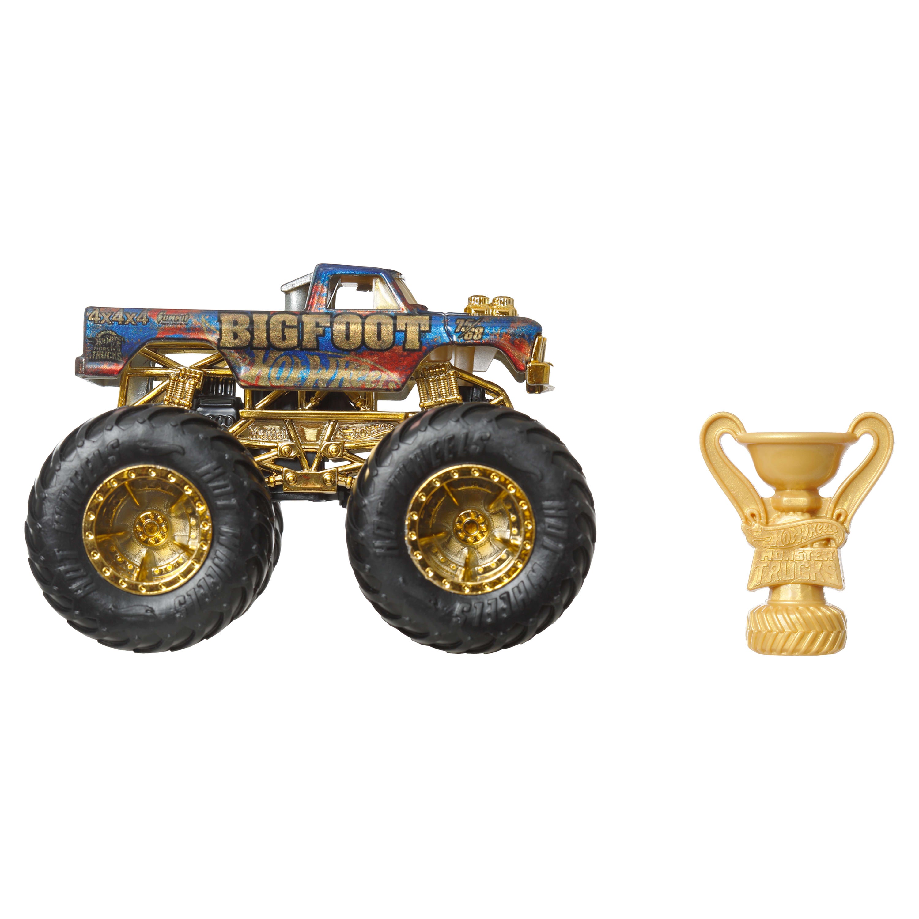 Hot Wheels® Monster Trucks Bigfoot Trophy Şampiyonları Tekli Arabalar 1:64 ölçekli üst düzey metal araç ve kupa (Stiller çeşitlilik gösterebilir)