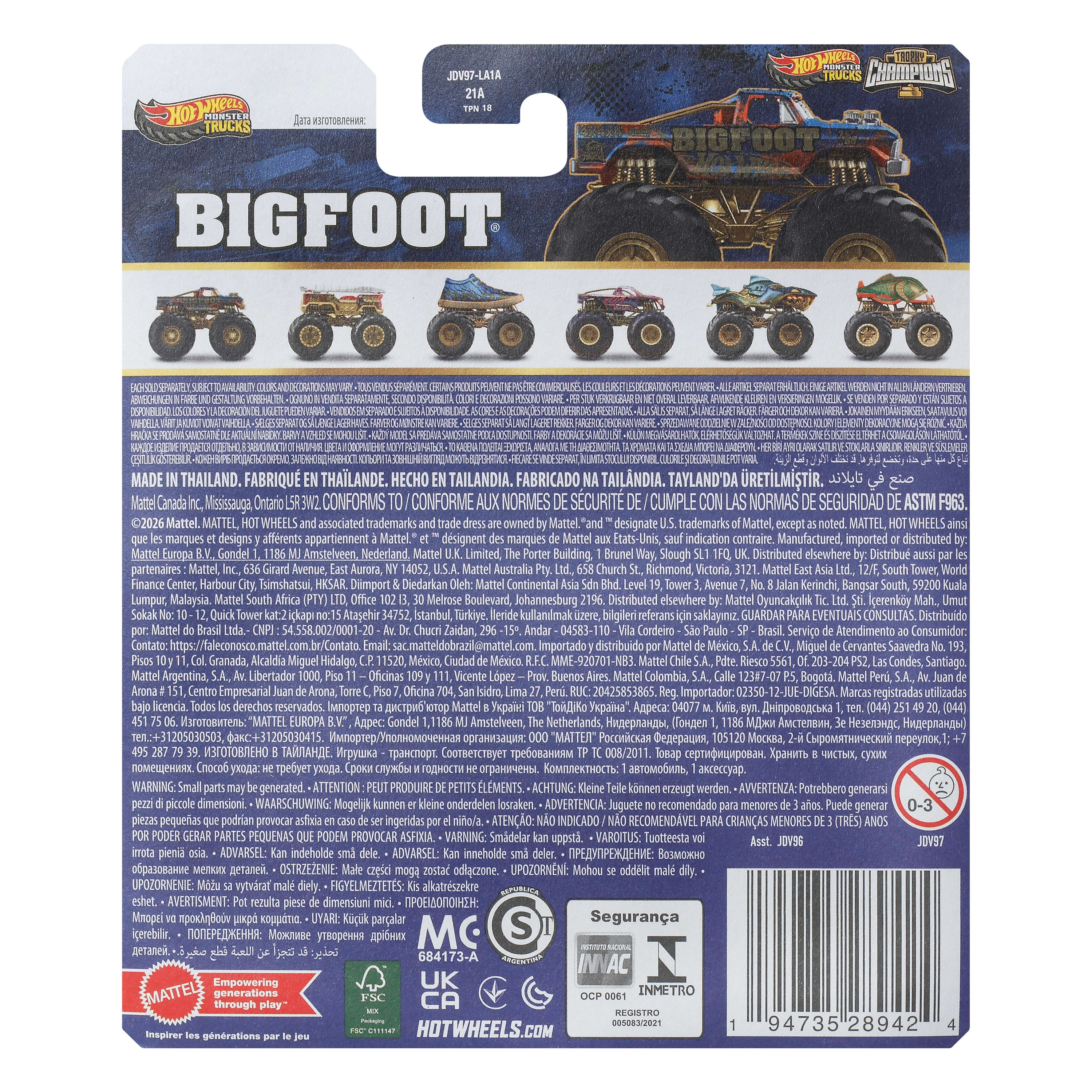 Hot Wheels® Monster Trucks Bigfoot Trophy Şampiyonları Tekli Arabalar 1:64 ölçekli üst düzey metal araç ve kupa (Stiller çeşitlilik gösterebilir)