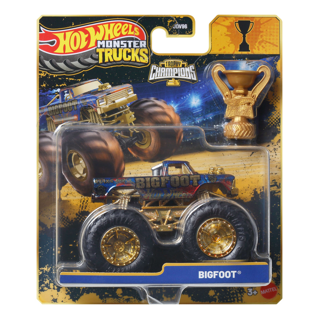 Hot Wheels® Monster Trucks Bigfoot Trophy Şampiyonları Tekli Arabalar 1:64 ölçekli üst düzey metal araç ve kupa (Stiller çeşitlilik gösterebilir)