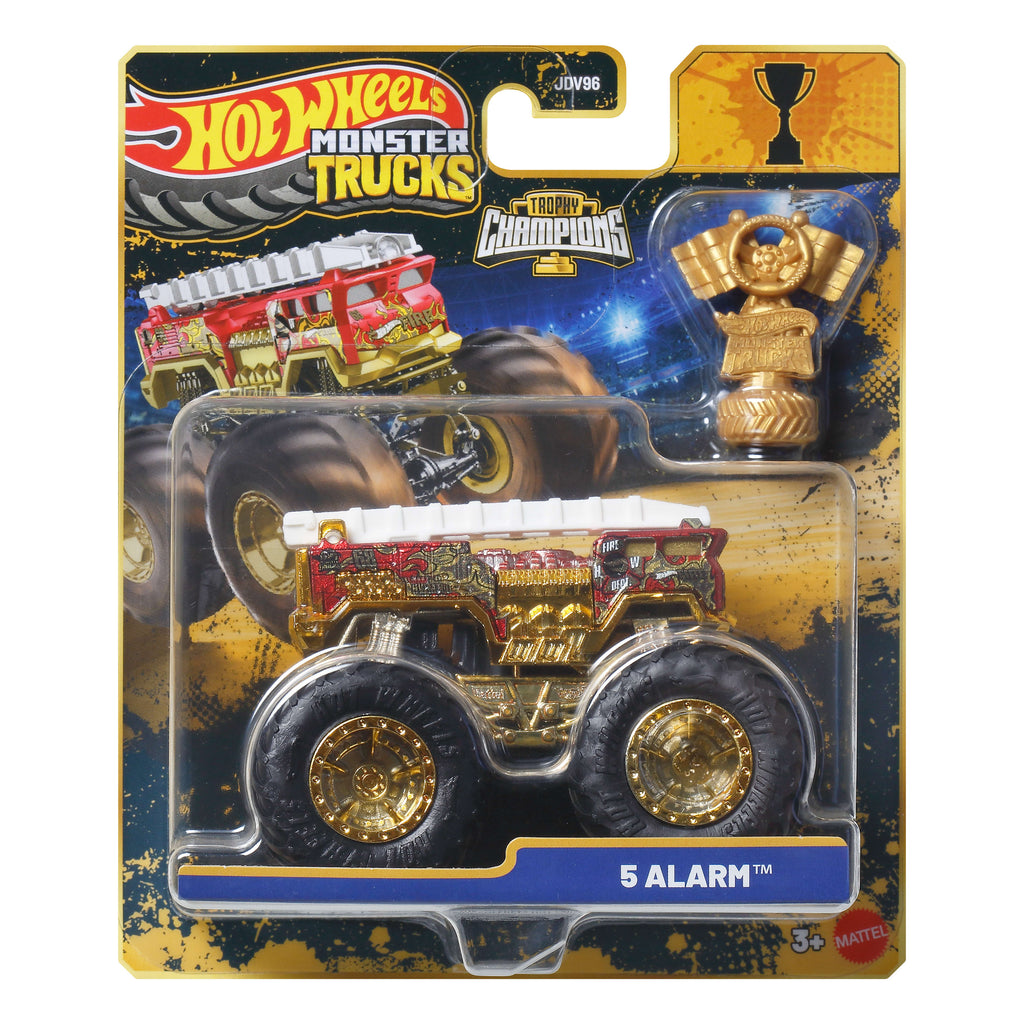 Hot Wheels® Monster Trucks Bigfoot Trophy Şampiyonları Tekli Arabalar 1:64 ölçekli üst düzey metal araç ve kupa (Stiller çeşitlilik gösterebilir)