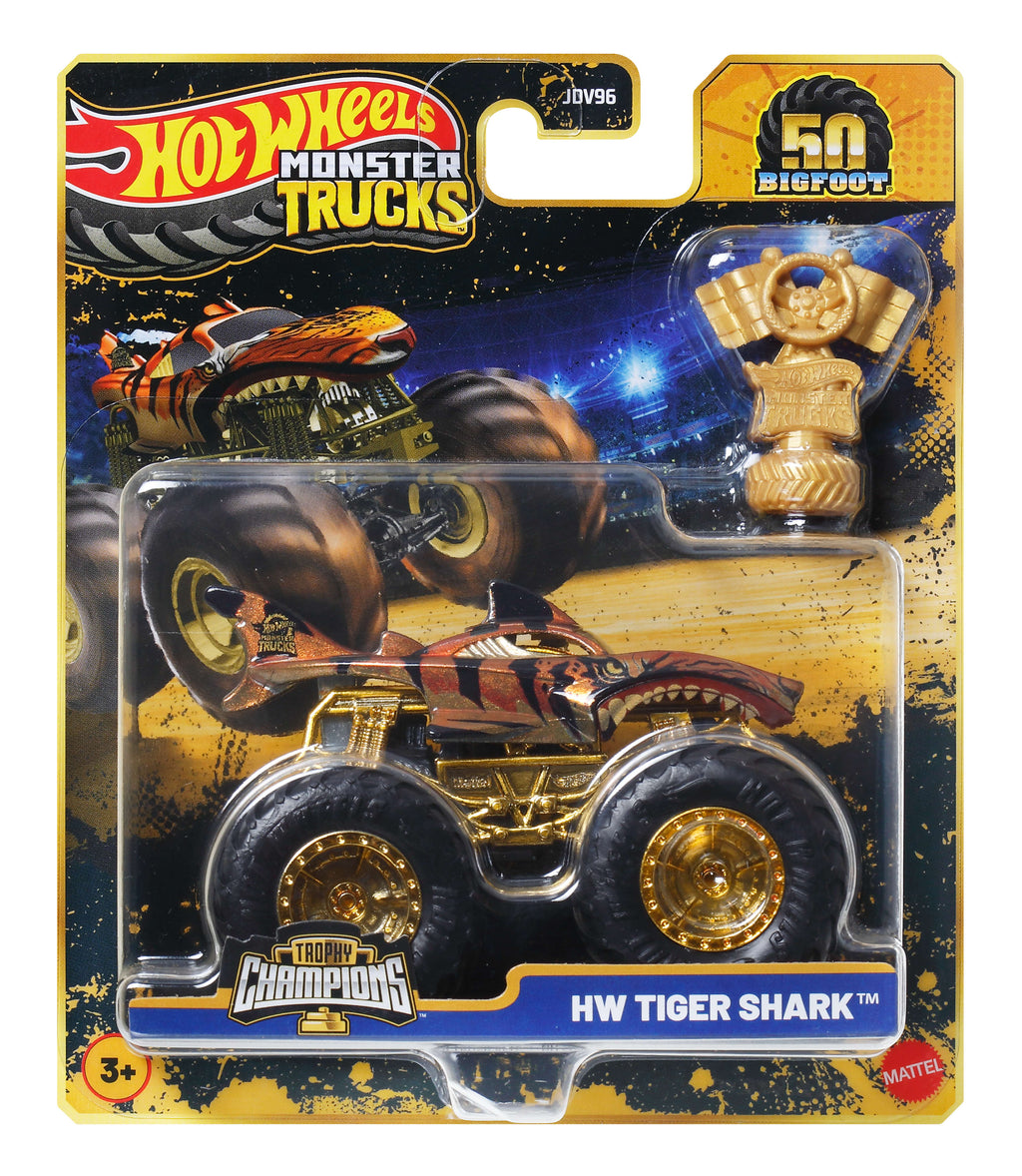 Hot Wheels® Monster Trucks Bigfoot Trophy Şampiyonları Tekli Arabalar 1:64 ölçekli üst düzey metal araç ve kupa (Stiller çeşitlilik gösterebilir)