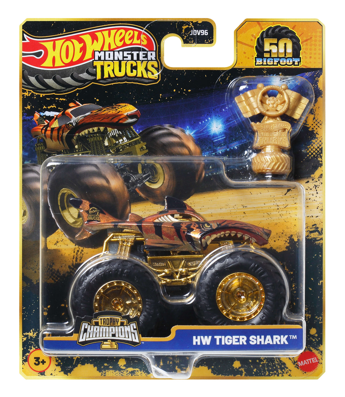 Hot Wheels® Monster Trucks Bigfoot Trophy Şampiyonları Tekli Arabalar 1:64 ölçekli üst düzey metal araç ve kupa (Stiller çeşitlilik gösterebilir)