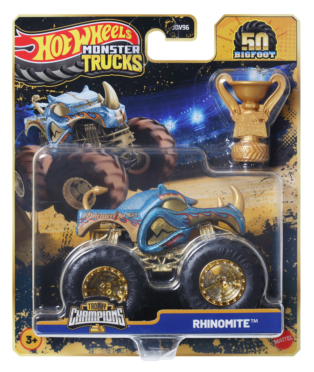 Hot Wheels® Monster Trucks Bigfoot Trophy Şampiyonları Tekli Arabalar 1:64 ölçekli üst düzey metal araç ve kupa (Stiller çeşitlilik gösterebilir)