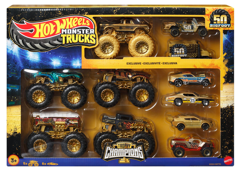 Hot Wheels® Monster Trucks Bigfoot Trophy Şampiyonları Araba ve Kamyon Çoklu Arabalar, 1:64 ölçekli 5 oyuncak kamyon ve 6 metal araba