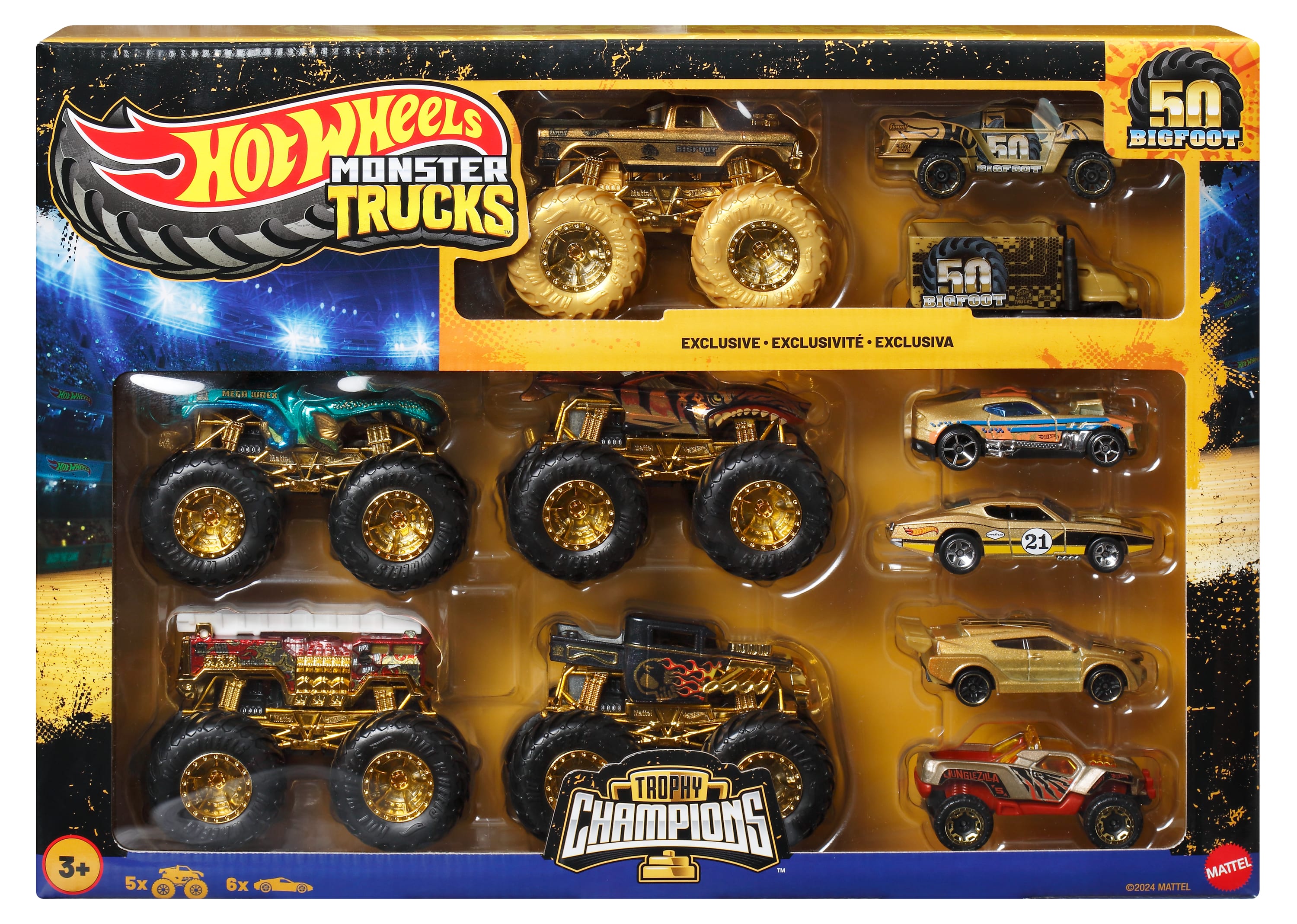 Hot Wheels® Monster Trucks Bigfoot Trophy Şampiyonları Araba ve Kamyon Çoklu Arabalar, 1:64 ölçekli 5 oyuncak kamyon ve 6 metal araba