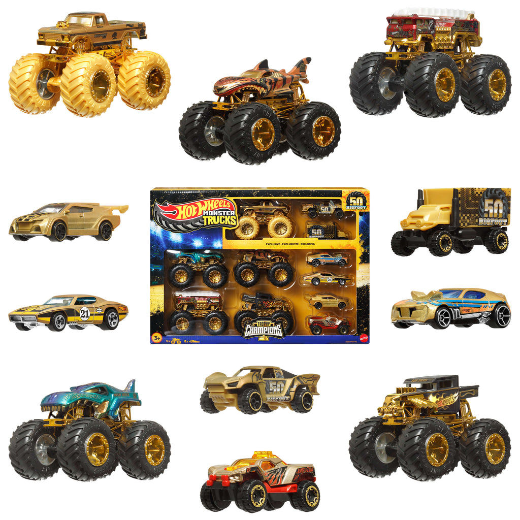 Hot Wheels® Monster Trucks Bigfoot Trophy Şampiyonları Araba ve Kamyon Çoklu Arabalar, 1:64 ölçekli 5 oyuncak kamyon ve 6 metal araba
