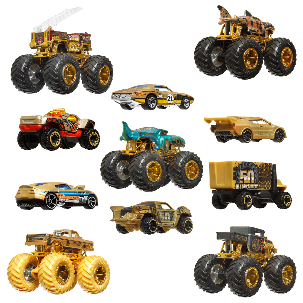 Hot Wheels® Monster Trucks Bigfoot Trophy Şampiyonları Araba ve Kamyon Çoklu Arabalar, 1:64 ölçekli 5 oyuncak kamyon ve 6 metal araba