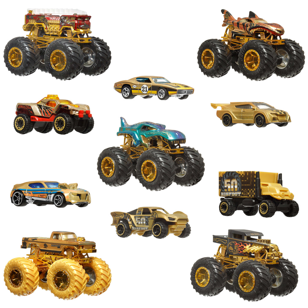 Hot Wheels® Monster Trucks Bigfoot Trophy Şampiyonları Araba ve Kamyon Çoklu Arabalar, 1:64 ölçekli 5 oyuncak kamyon ve 6 metal araba