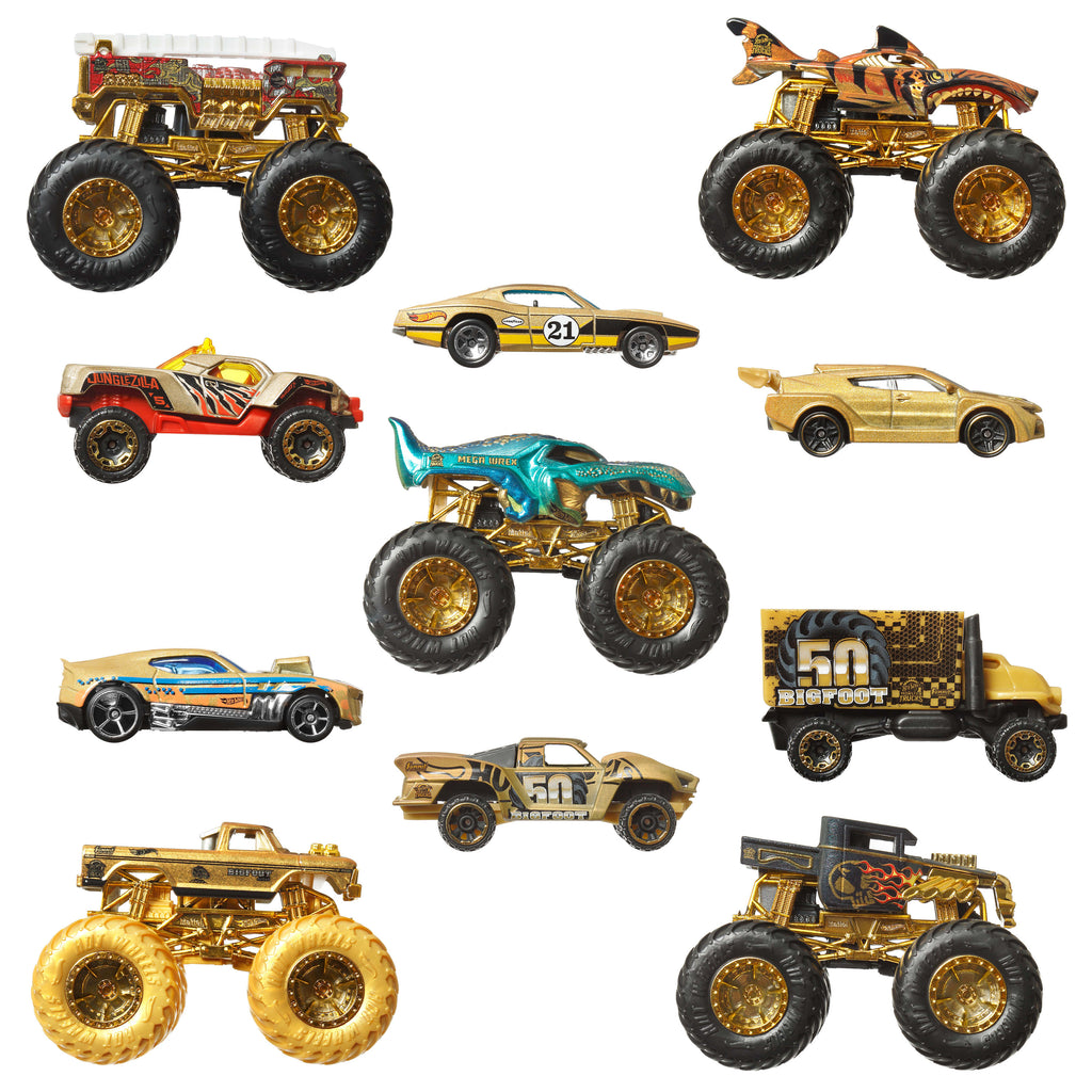 Hot Wheels® Monster Trucks Bigfoot Trophy Şampiyonları Araba ve Kamyon Çoklu Arabalar, 1:64 ölçekli 5 oyuncak kamyon ve 6 metal araba