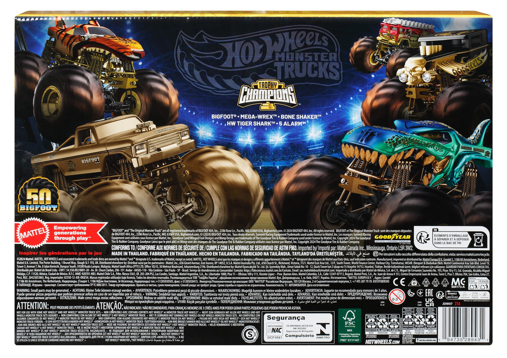 Hot Wheels® Monster Trucks Bigfoot Trophy Şampiyonları Araba ve Kamyon Çoklu Arabalar, 1:64 ölçekli 5 oyuncak kamyon ve 6 metal araba