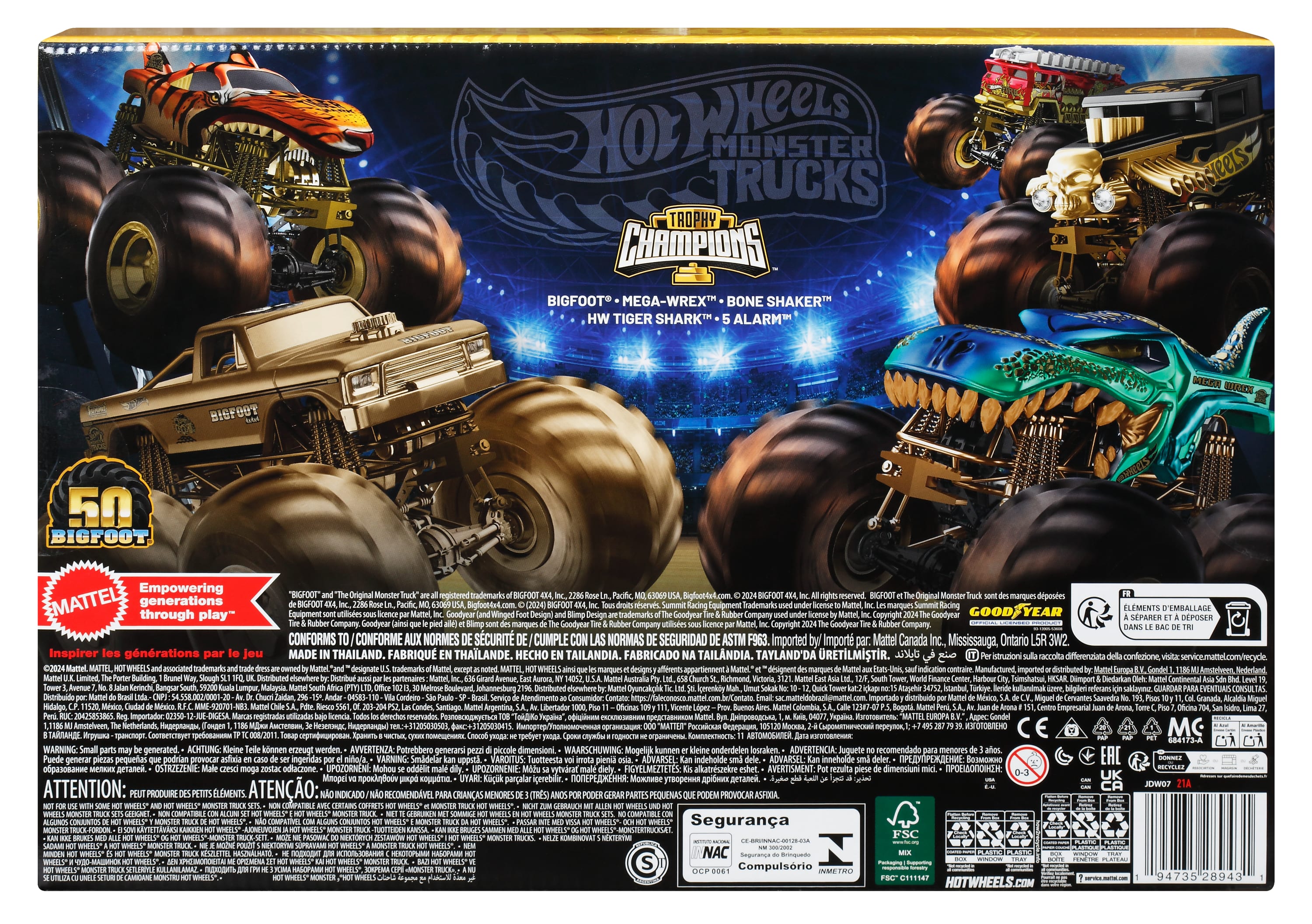 Hot Wheels® Monster Trucks Bigfoot Trophy Şampiyonları Araba ve Kamyon Çoklu Arabalar, 1:64 ölçekli 5 oyuncak kamyon ve 6 metal araba