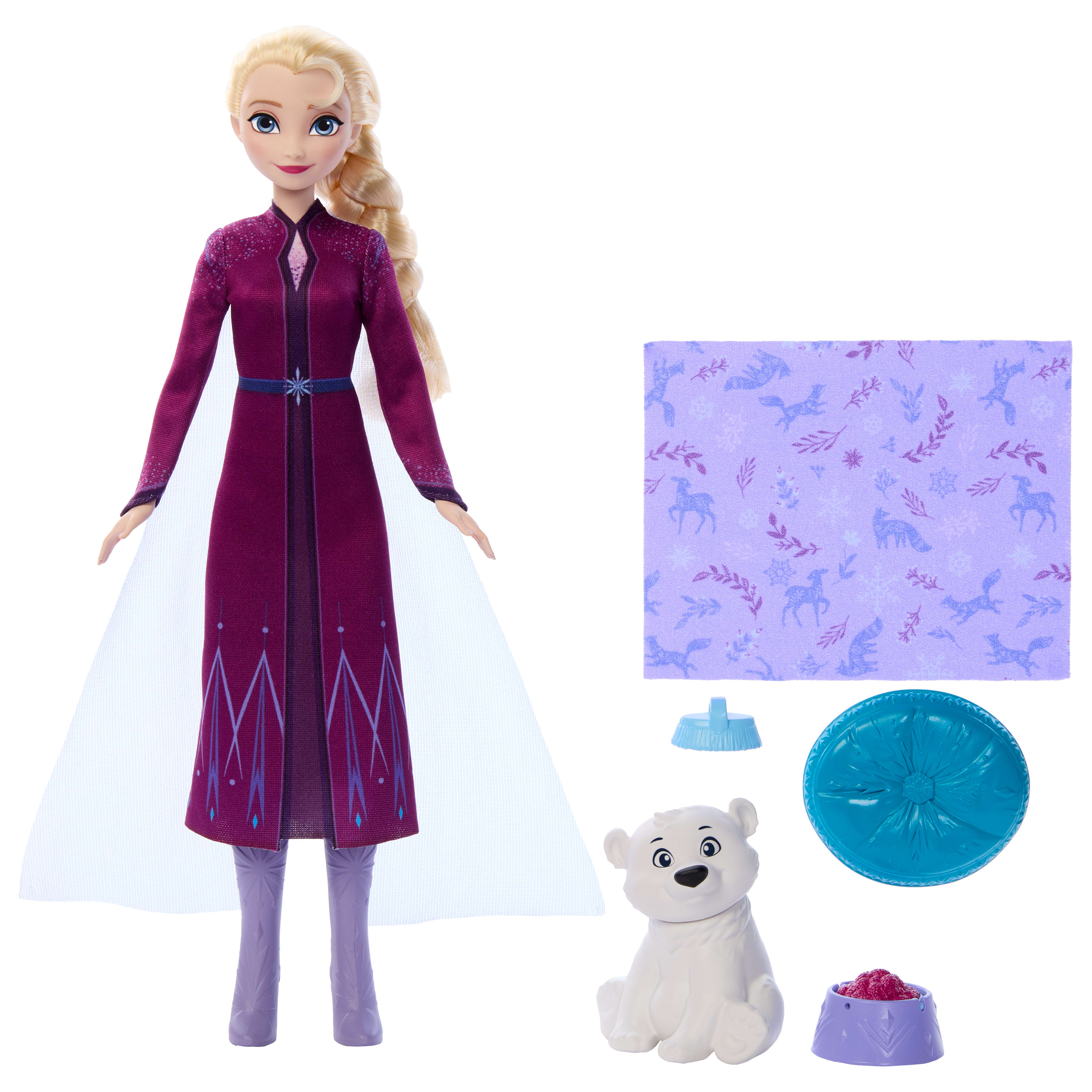 Disney Karlar Ülkesi Elsa bebek ve yavru kutup ayısı figürü, bakıma yönelik 4 aksesuar