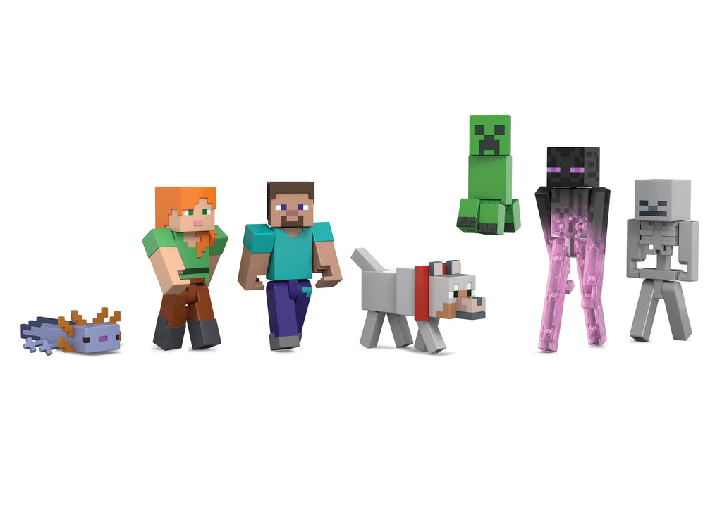 Koleksiyon yapmaya yeni başlayanlar için ideal, Minecraft Overworld Seti'nde 8 cm'lik 7 aksiyon figürü