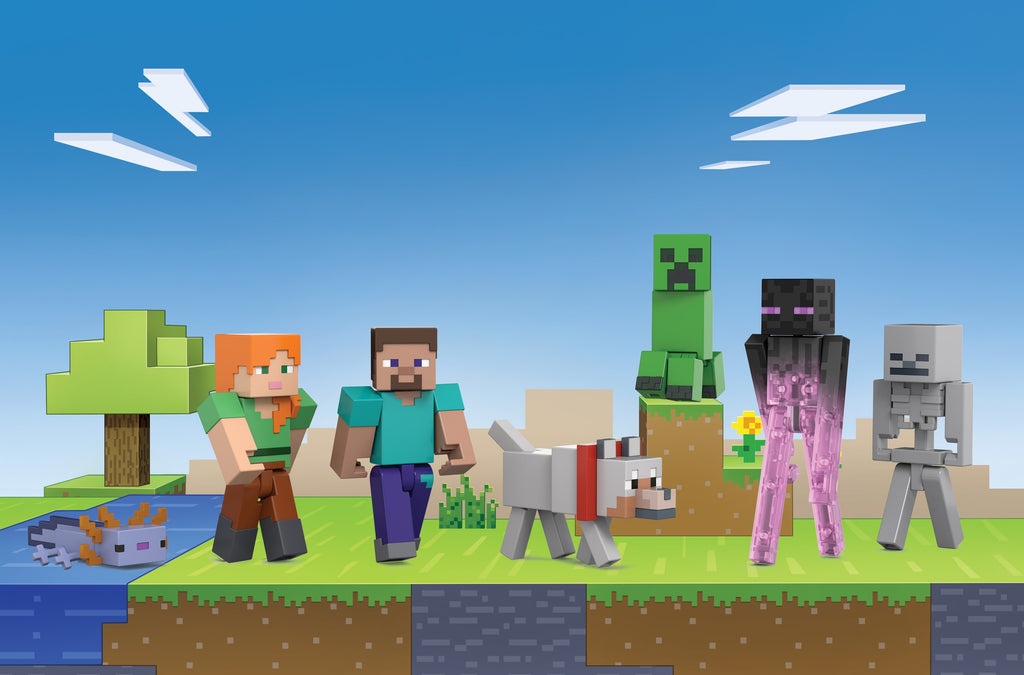 Koleksiyon yapmaya yeni başlayanlar için ideal, Minecraft Overworld Seti'nde 8 cm'lik 7 aksiyon figürü