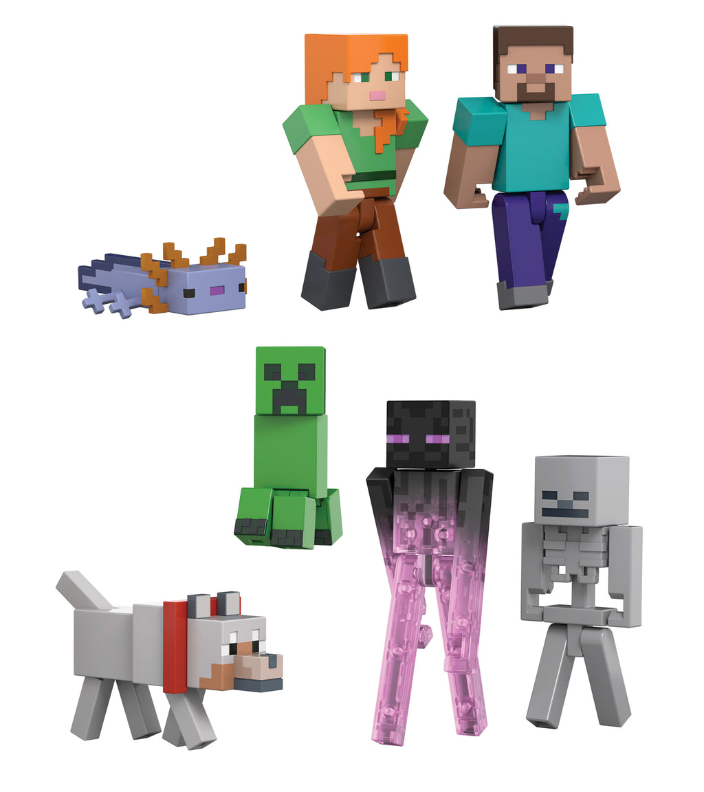 Koleksiyon yapmaya yeni başlayanlar için ideal, Minecraft Overworld Seti'nde 8 cm'lik 7 aksiyon figürü