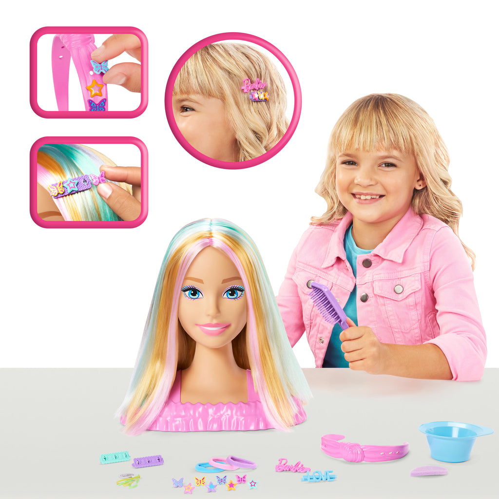Barbie Saç Tasarımı Büstü, sarı saç ve 20'den fazla saç şekillendirme aksesuarı