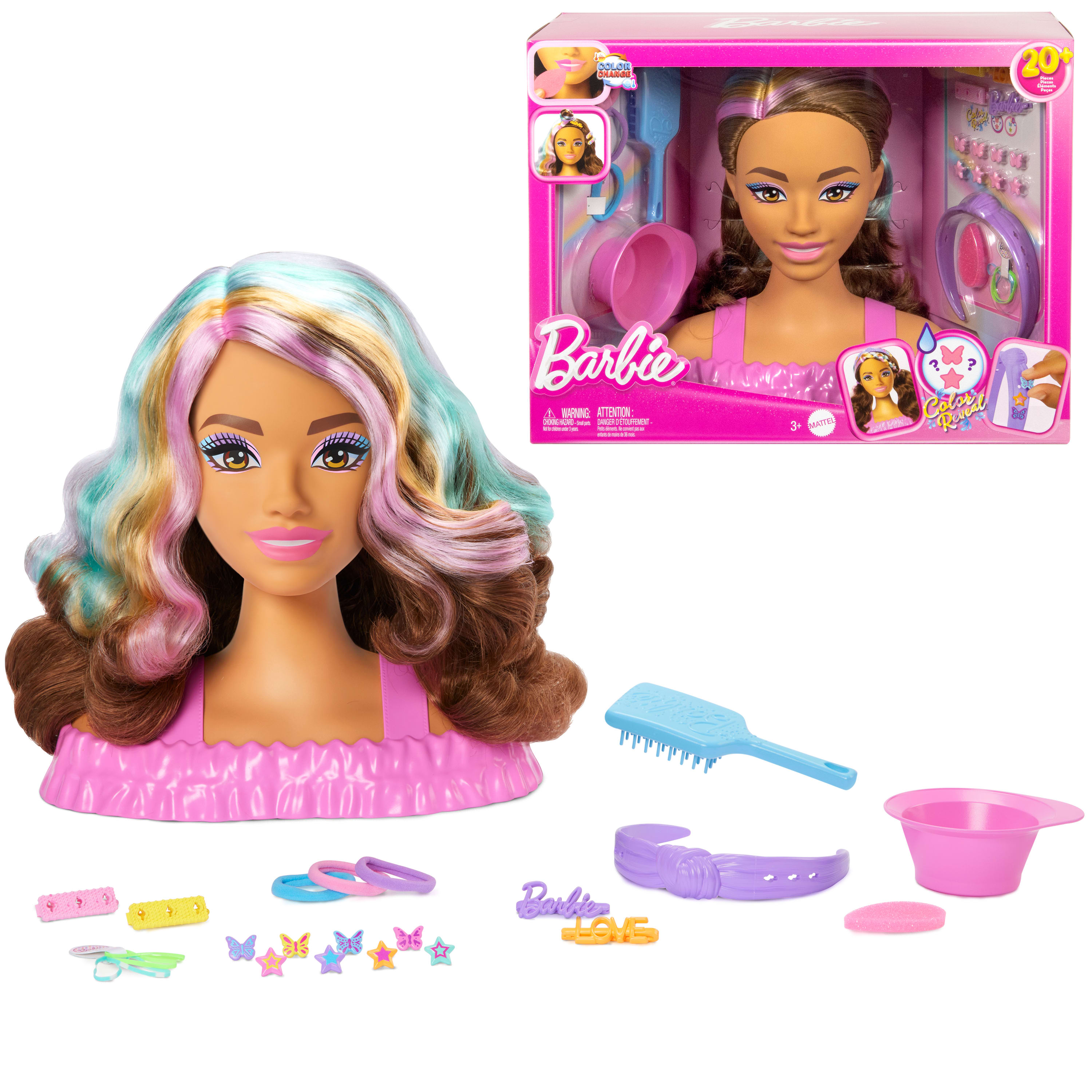 Barbie Saç Tasarımı Büstü, kahverengi saç ve 20'den fazla saç şekillendirme aksesuarı