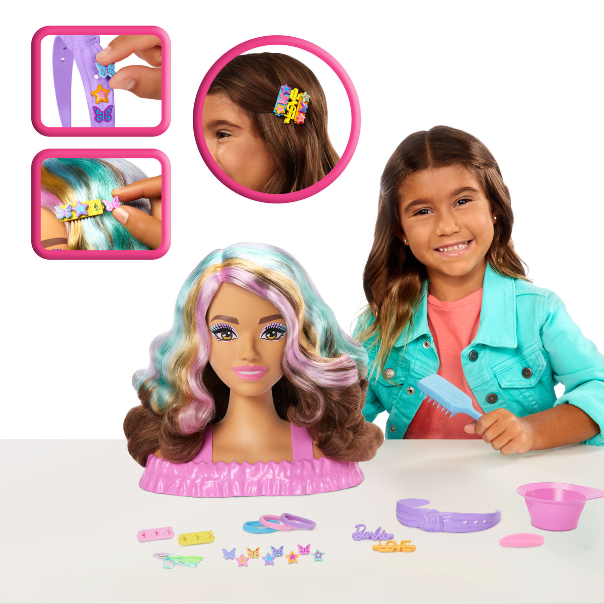 Barbie Saç Tasarımı Büstü, kahverengi saç ve 20'den fazla saç şekillendirme aksesuarı