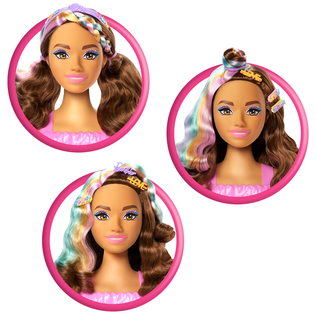 Barbie Saç Tasarımı Büstü, kahverengi saç ve 20'den fazla saç şekillendirme aksesuarı