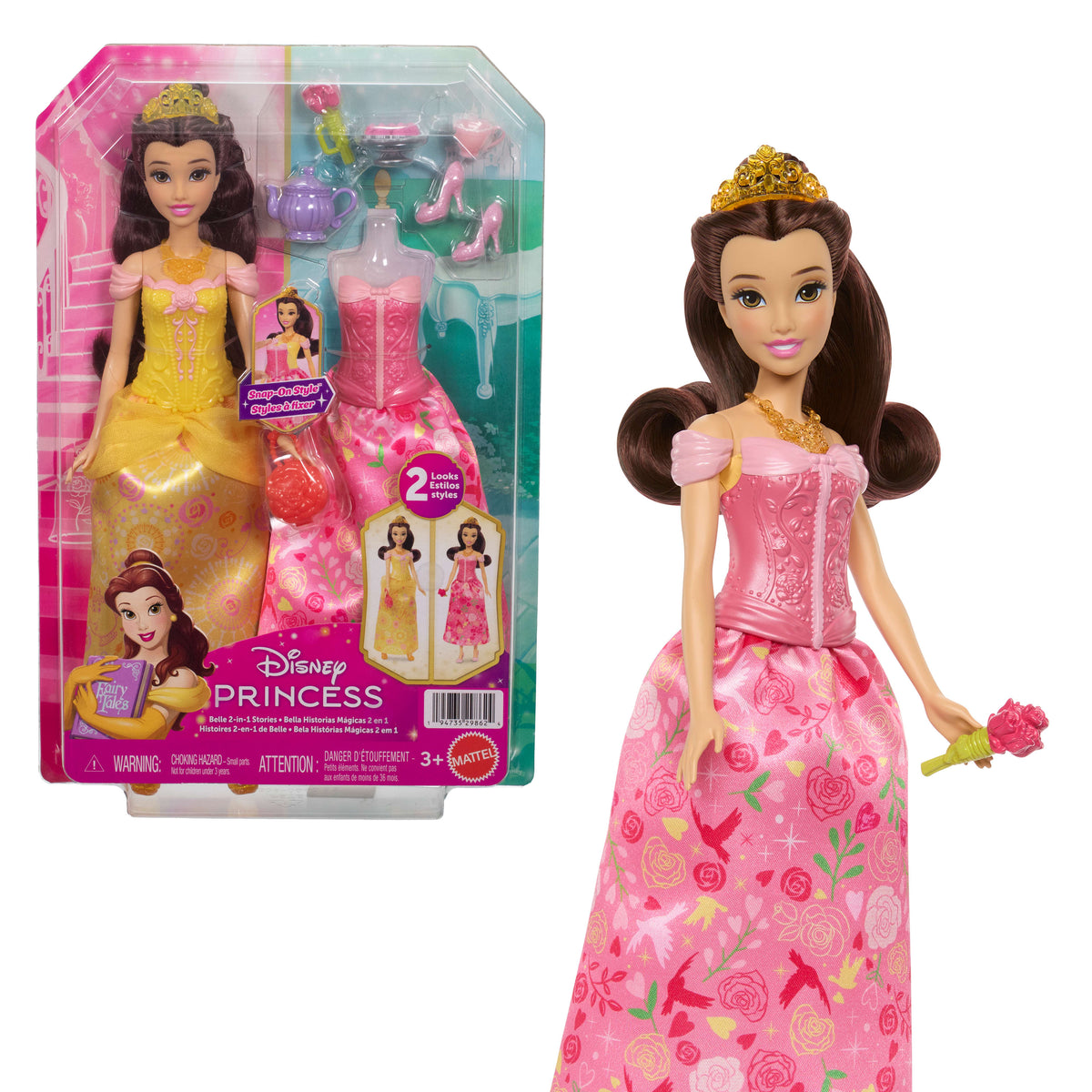 Disney Prensesi 2'si 1 Arada Hikayeler Belle bebek, takılıp çıkarılabilen 2 büstiyer, 2 etek ve 9 aksesuar
