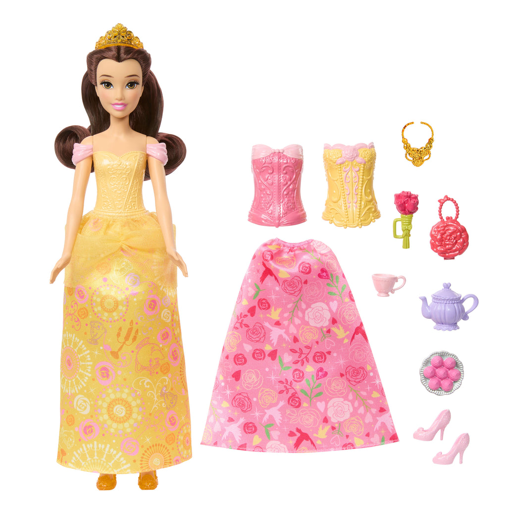 Disney Prensesi 2'si 1 Arada Hikayeler Belle bebek, takılıp çıkarılabilen 2 büstiyer, 2 etek ve 9 aksesuar