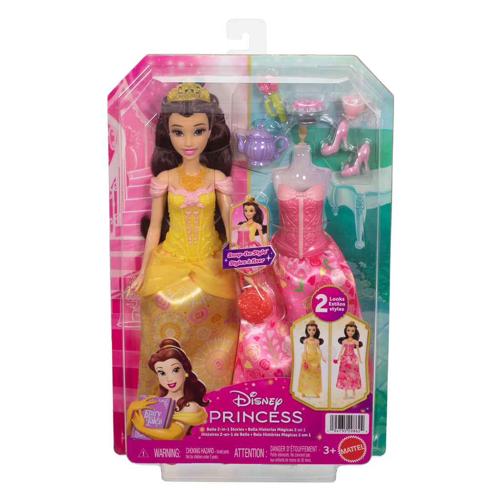 Disney Prensesi 2'si 1 Arada Hikayeler Belle bebek, takılıp çıkarılabilen 2 büstiyer, 2 etek ve 9 aksesuar